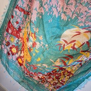 Teal Boho Floral Tiger & Moon Tassel Scarf Metallic Thread Square Wrap